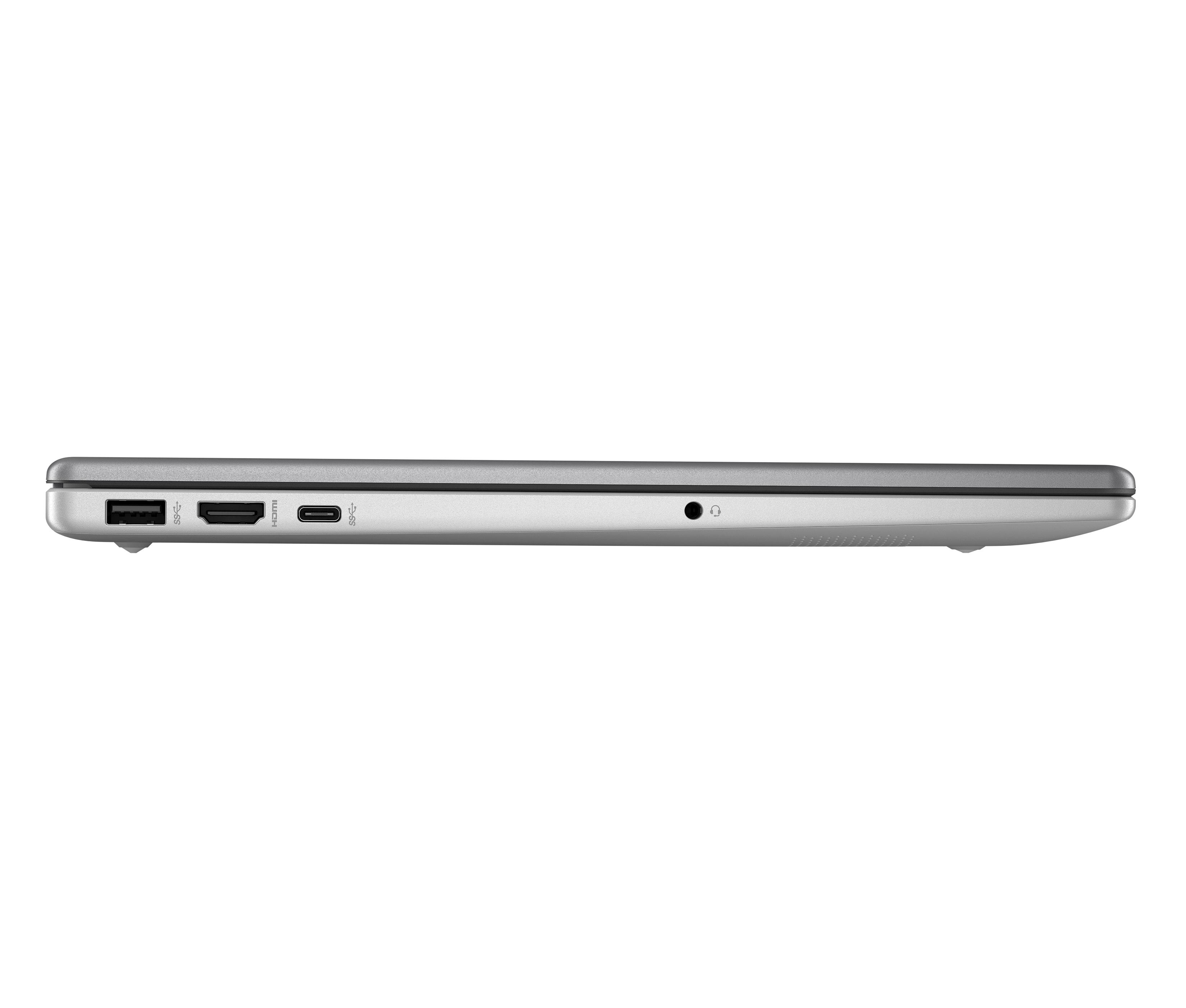 Seitenansicht eines silbernen Laptops mit Anschlüssen: USB, HDMI, USB-C und Kopfhöreranschluss.