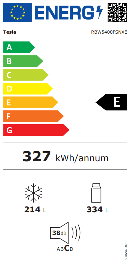 Energia címke, amely az E energiahatékonysági besorolást mutatja, kWh-okkal és készülék ikonokkal.