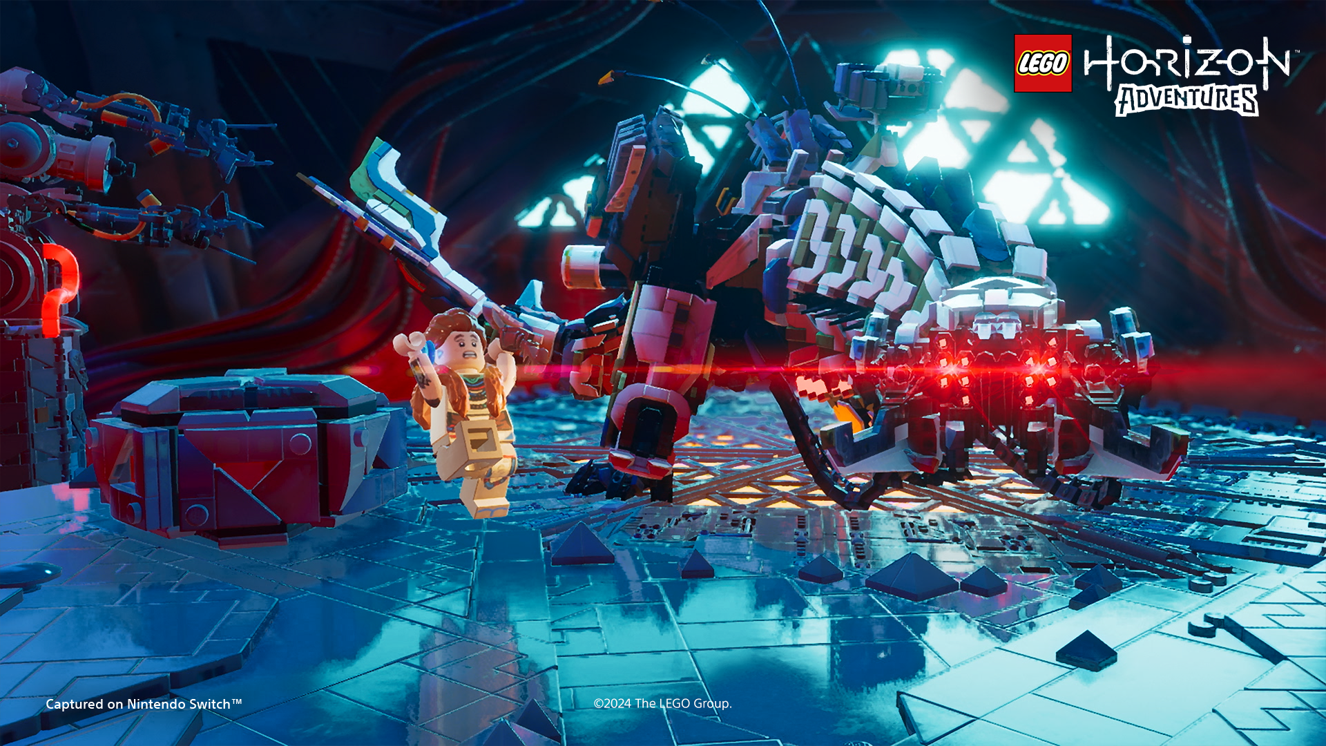 Lego-Charaktere aus Lego Horizon Adventures, mit einem Monster.