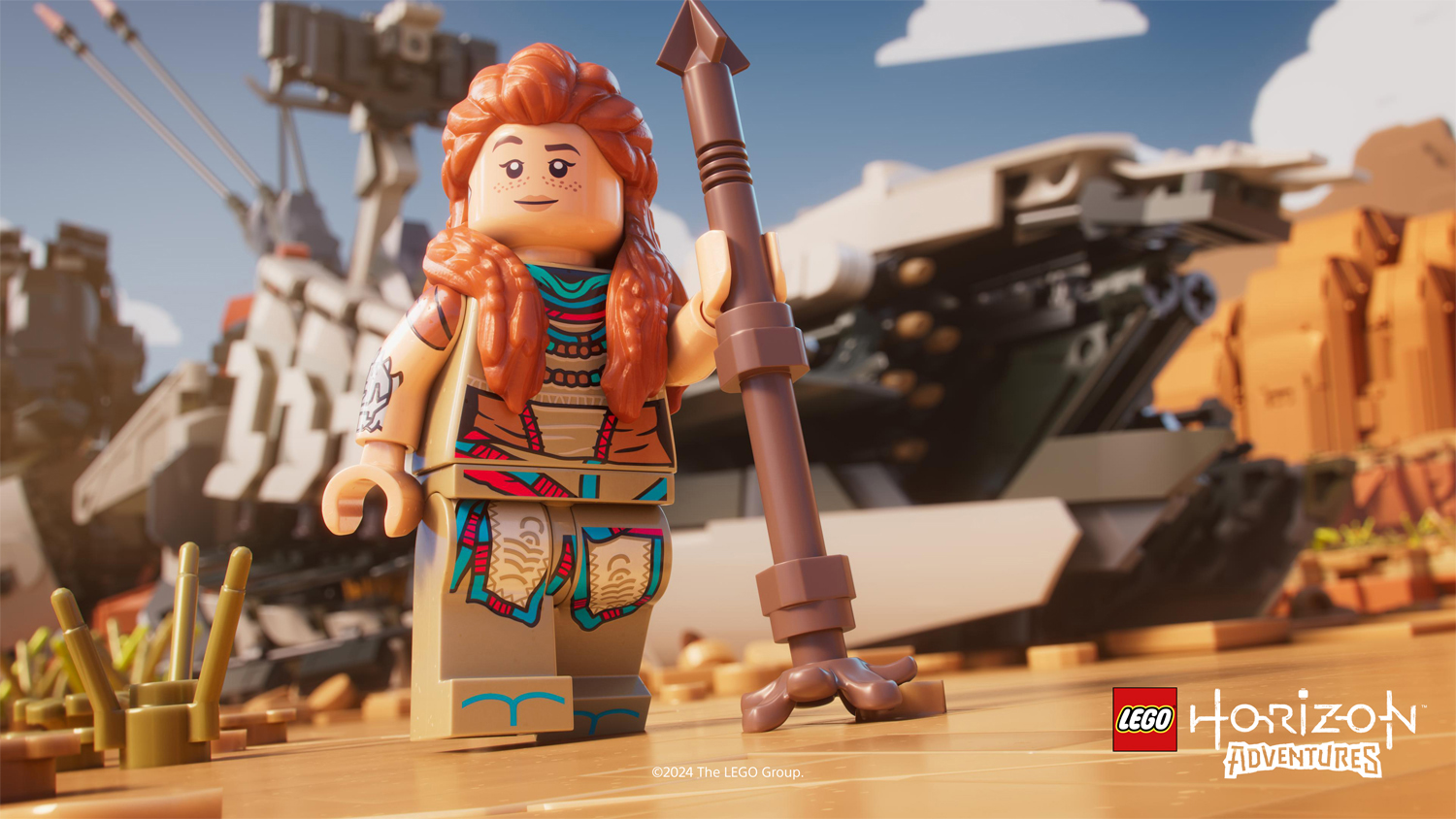 Lego-Figur einer Frau mit Speer. Hintergrund: Lego-Strukturen und Wüste.