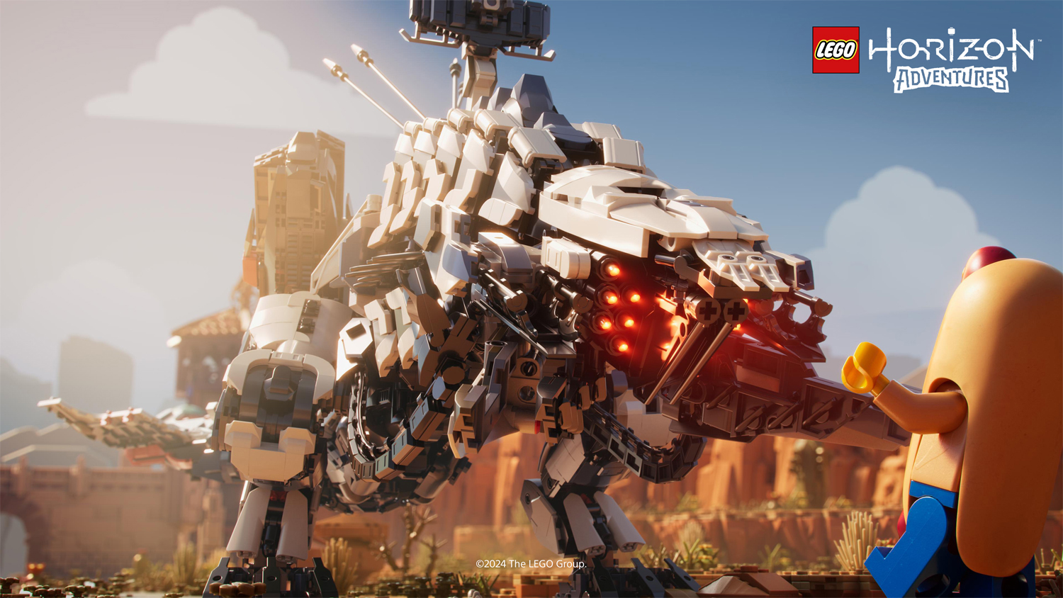 Lego Horizon Adventures Szene. Lego-Roboter mit Lego-Hotdog-Mann. Himmel und Landschaft.