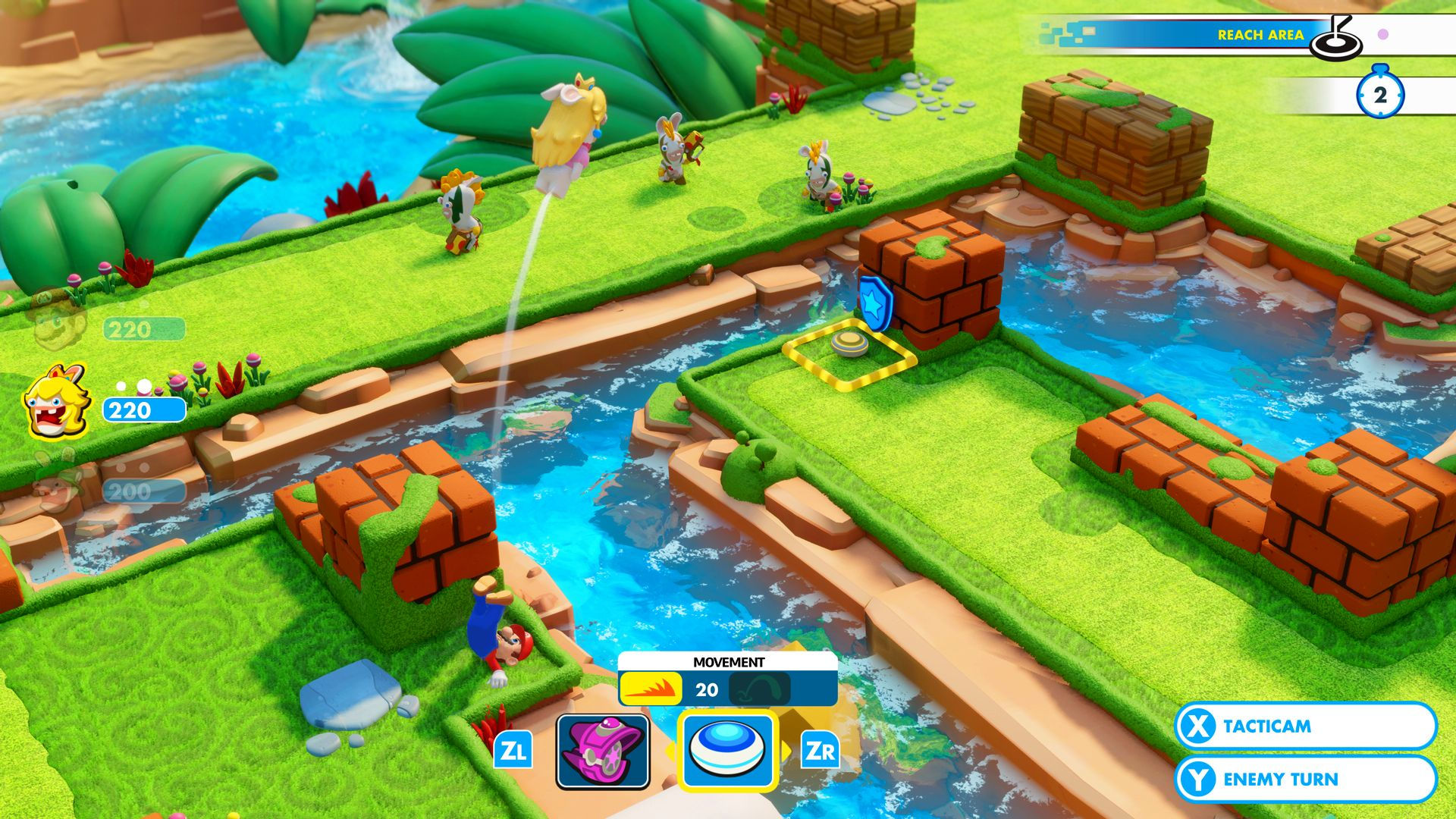 Eine Cartoon-Spielszene. Charaktere auf grünen Plattformen, Wasser dazwischen. Eine Figur springt.