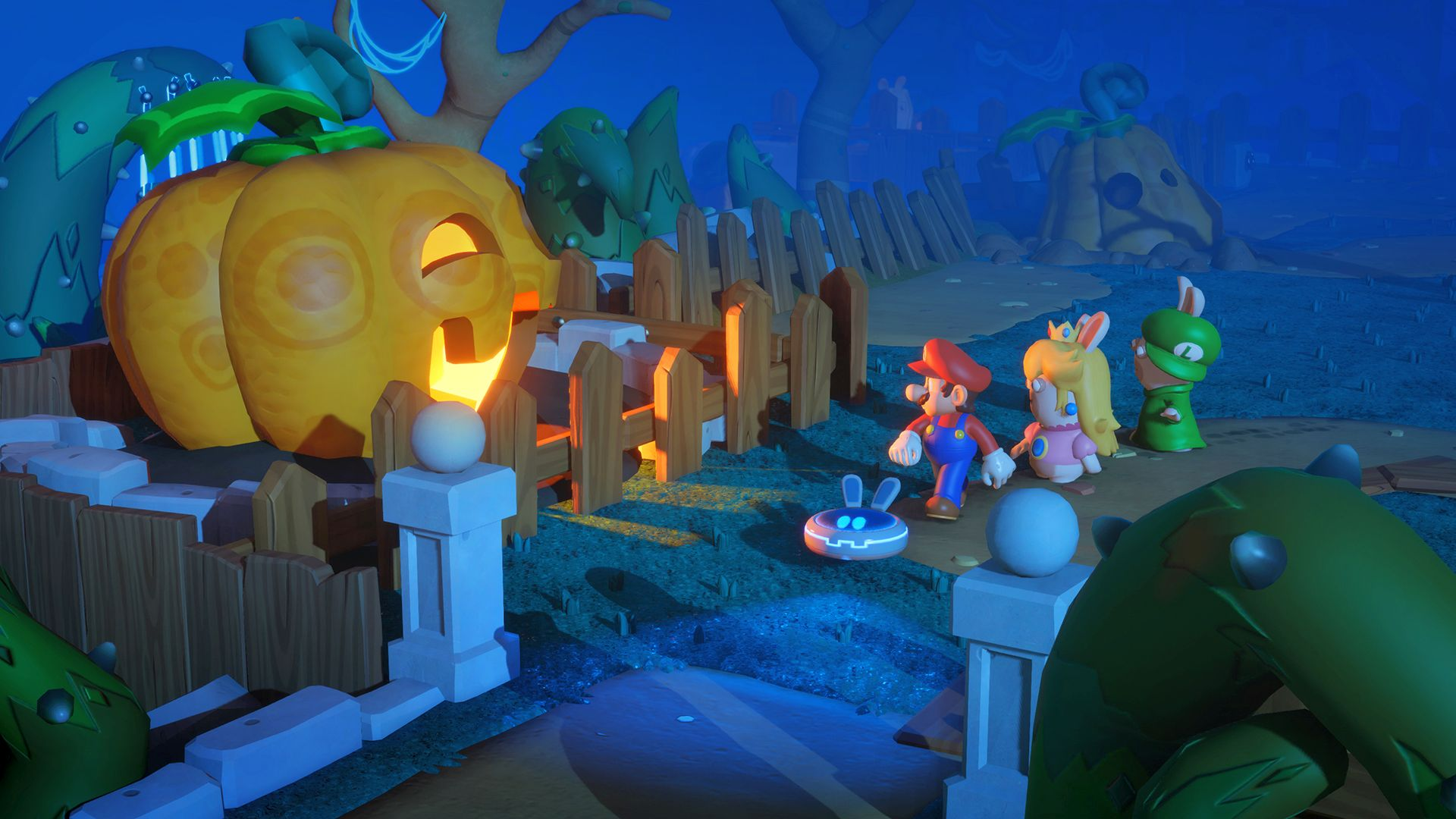 Ein 3D-Rendering einer Videospielszene mit Mario, Peach und zwei Rabbids in einer gruseligen, mondbeschienenen Umgebung. Ein Kürbis.