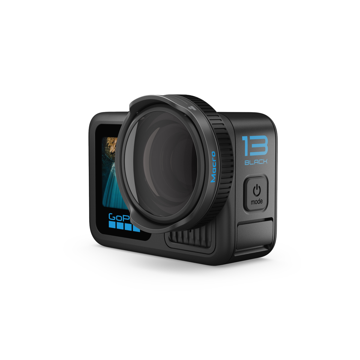 Eine schwarze GoPro-Actionkamera mit Objektivaufsatz und weißem Hintergrund.