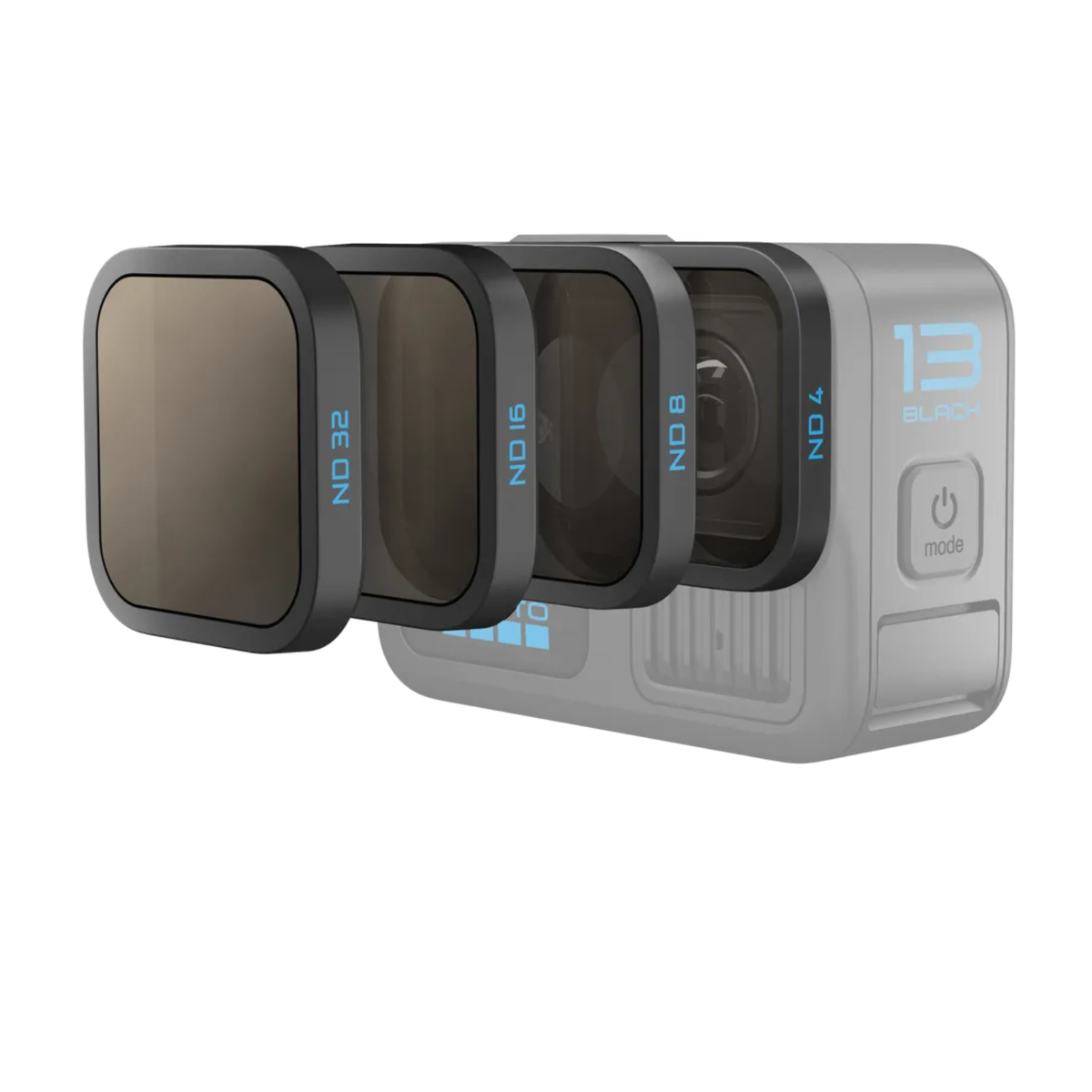 GoPro-Kamera mit drei angebrachten Objektivfiltern. Schwarz-Grau-Farbschema. Draufsicht. ND-Filter.