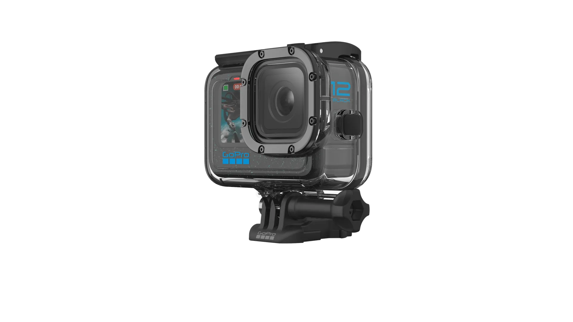 Eine schwarze GoPro-Kamera in einem transparenten wasserdichten Gehäuse.