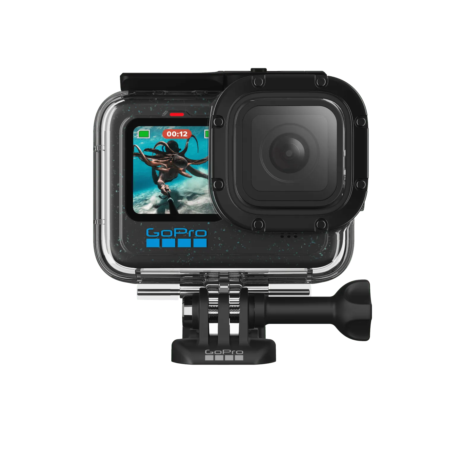 Schwarze GoPro-Kamera in einem transparenten, wasserdichten Gehäuse, mit Bildschirm mit Unterwasservideo.