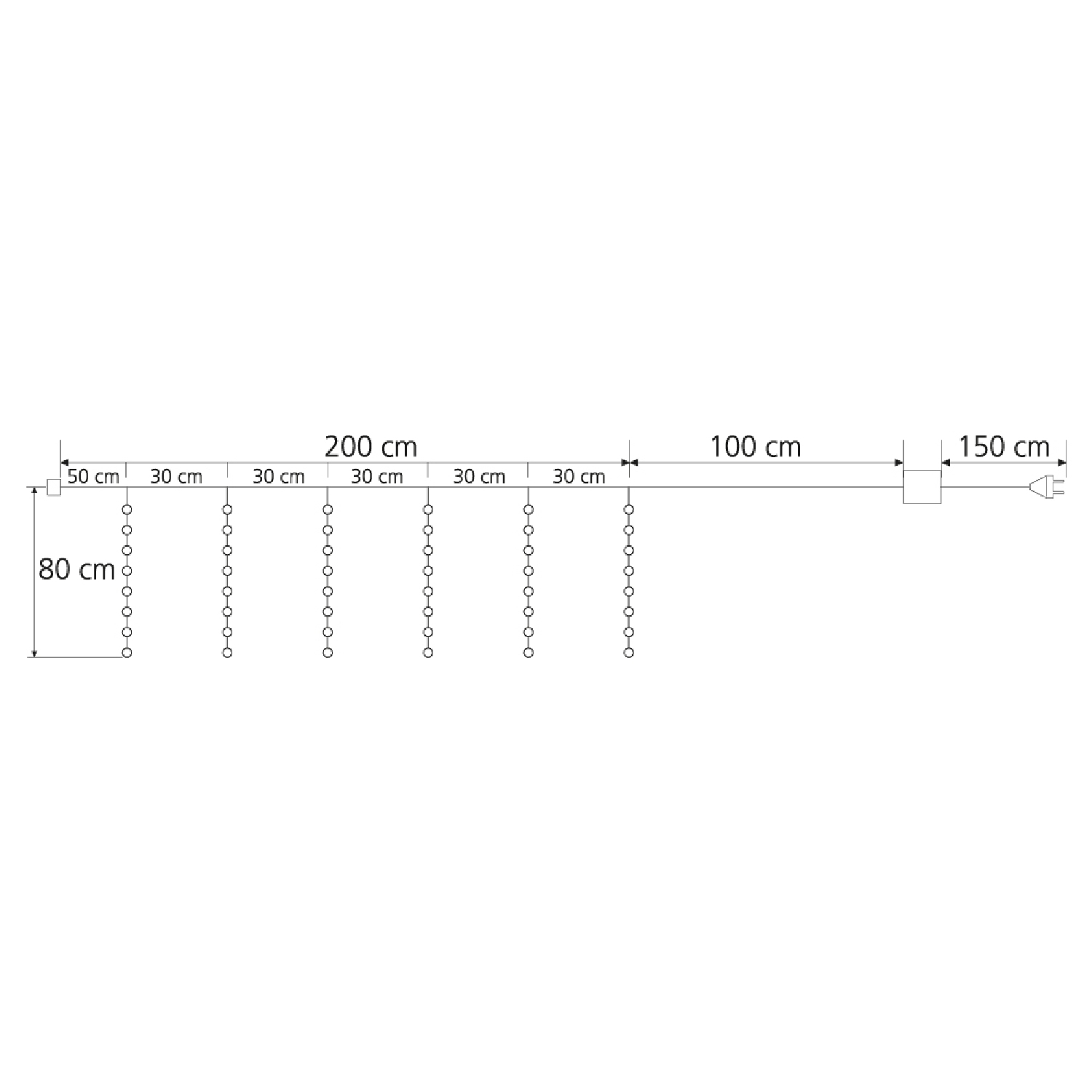 Diagramma che mostra le dimensioni per un'installazione di luci a catena per esterni. Misure in cm.
