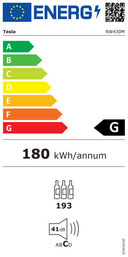 Energia címke egy Tesla hűtőszekrényhez. Energiahatékonyságot, kWh-t és hangszint részleteket jelenít meg.