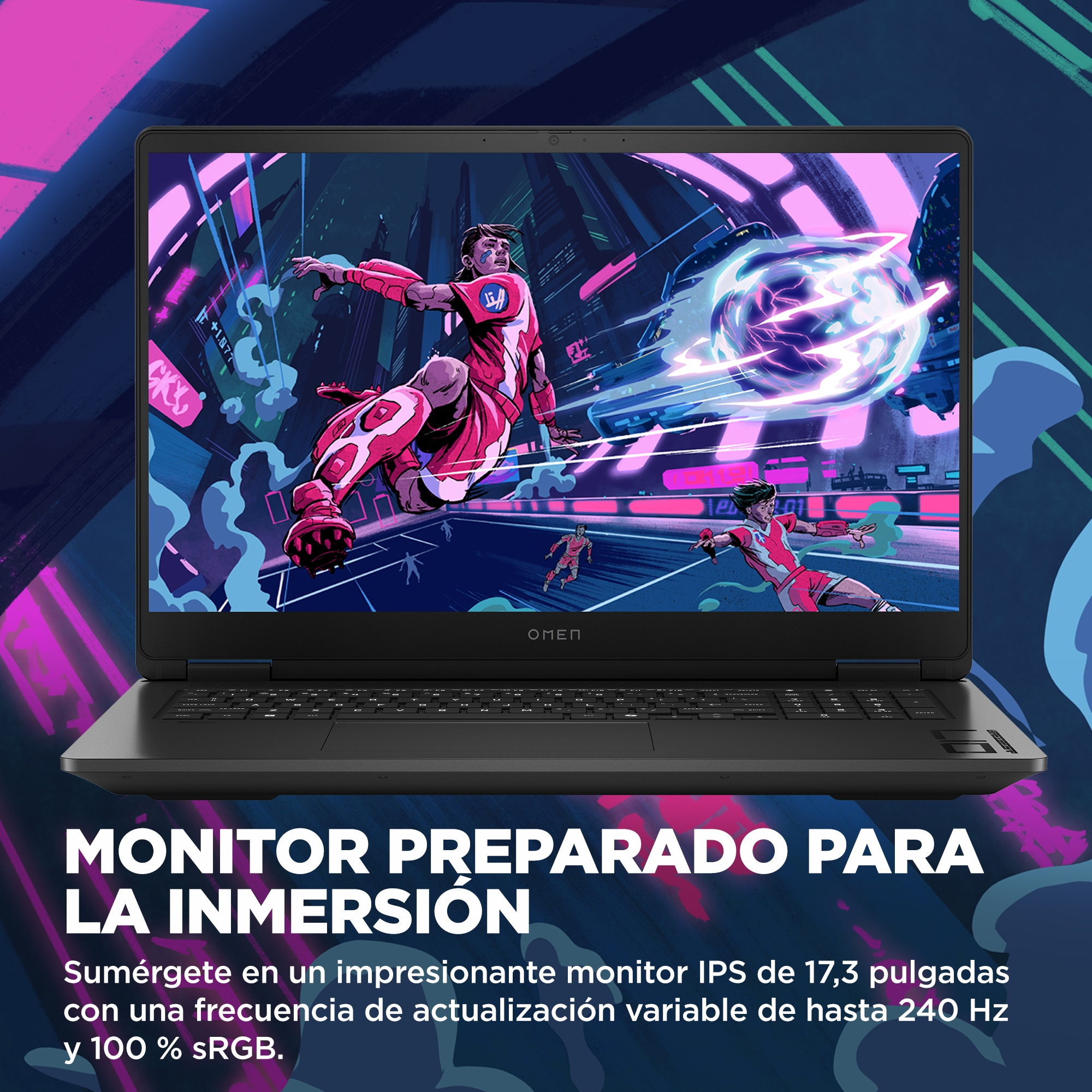 Pantalla de portátil mostrando un juego. Texto: Monitor preparado para la inmersión.