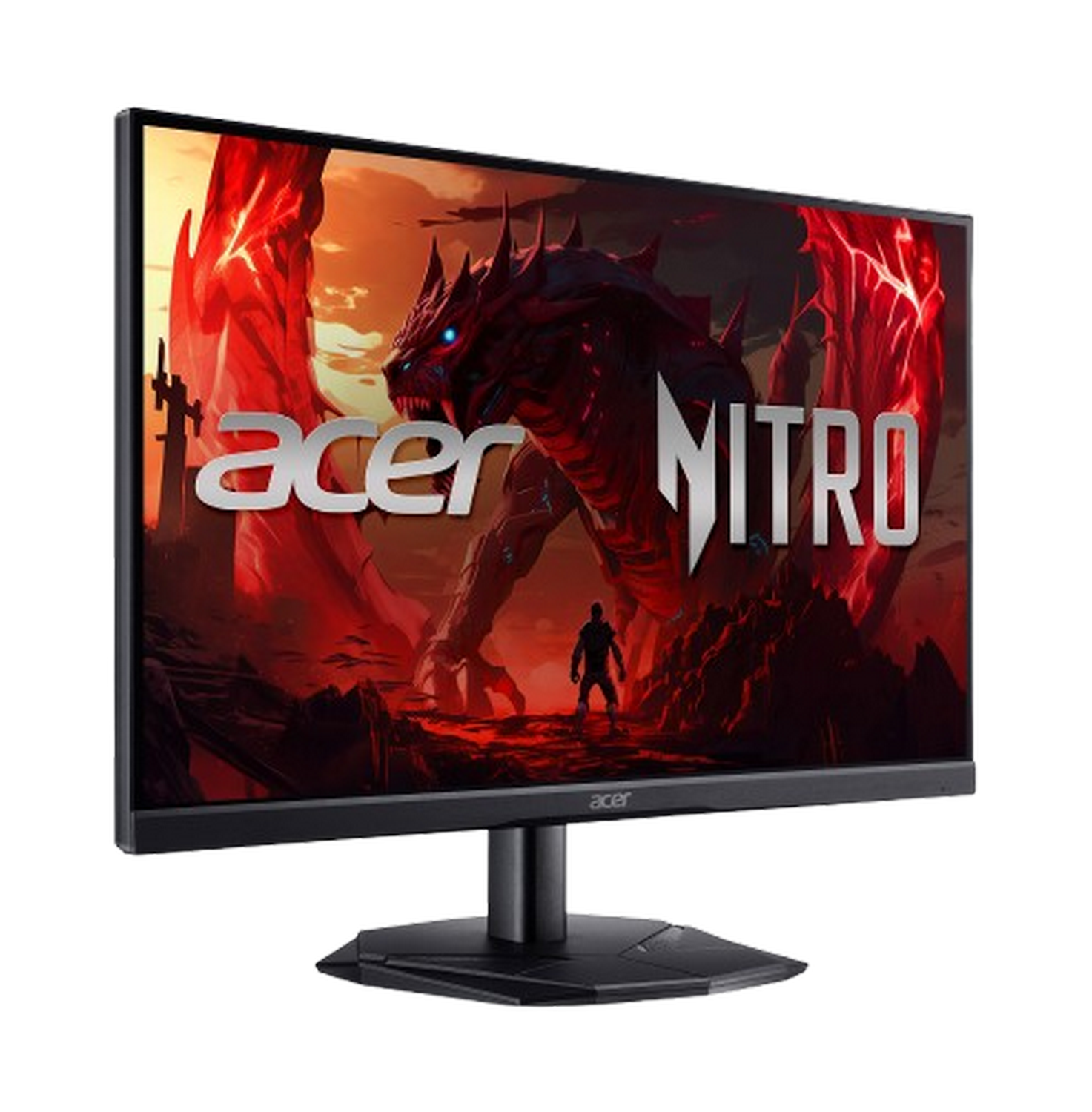 Monitor gaming Acer Nitro que muestra un gráfico de dragón, marco negro sobre fondo negro.