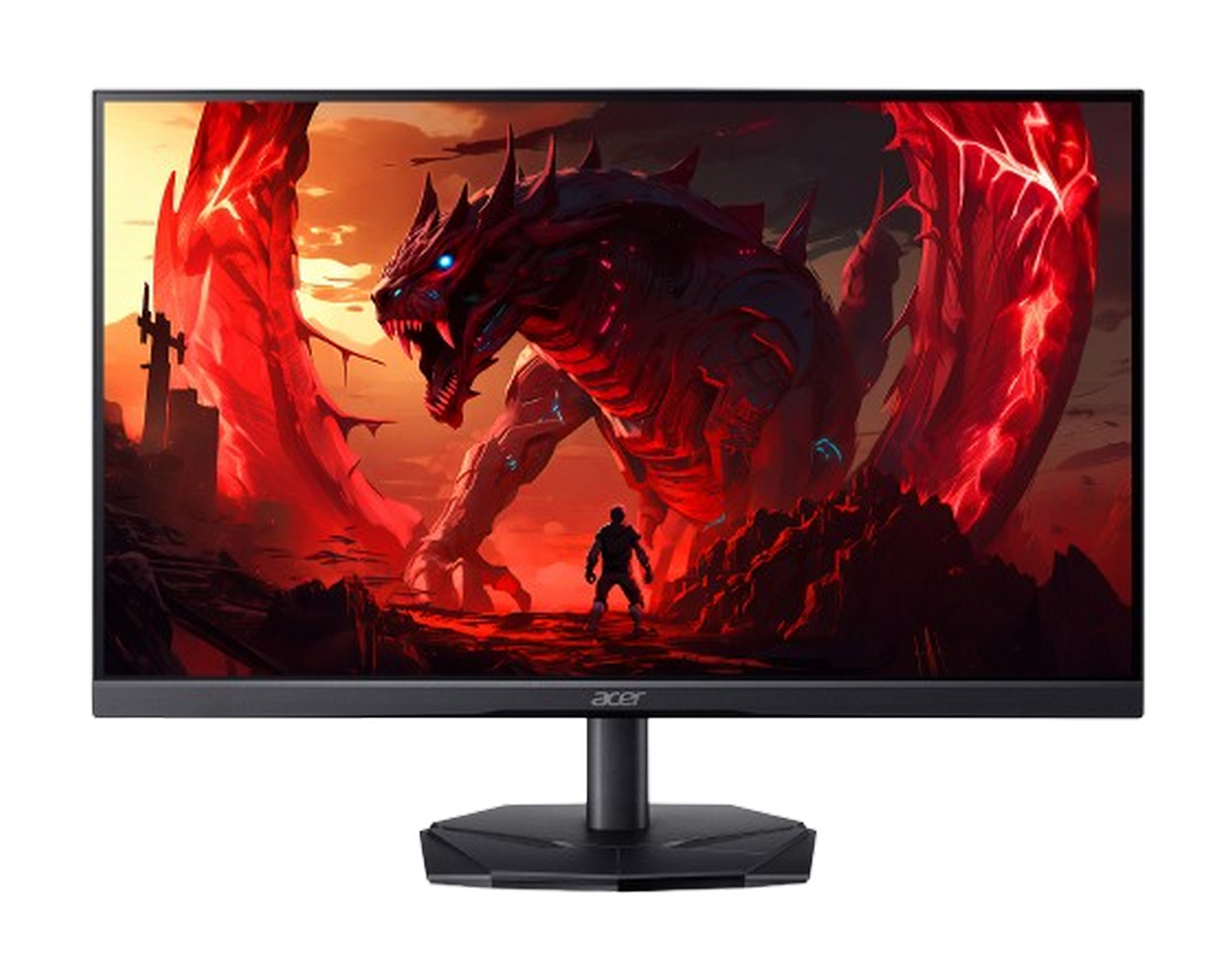 Un monitor de ordenador que muestra un dragón rojo luchando contra un guerrero. Marco y soporte del monitor negros.