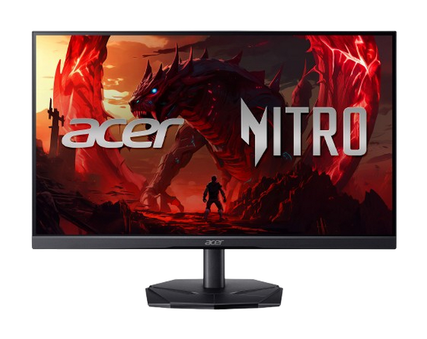 Un monitor Acer Nitro para juegos con un gráfico de dragón rojo sobre fondo negro.