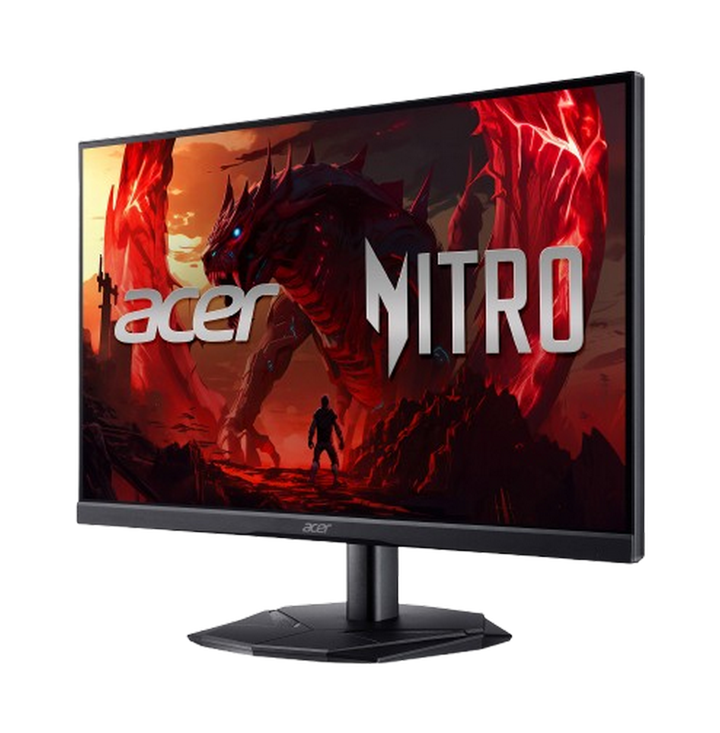 Monitor de juegos Acer Nitro que muestra una escena ardiente con un dragón y una figura, sobre un soporte negro.