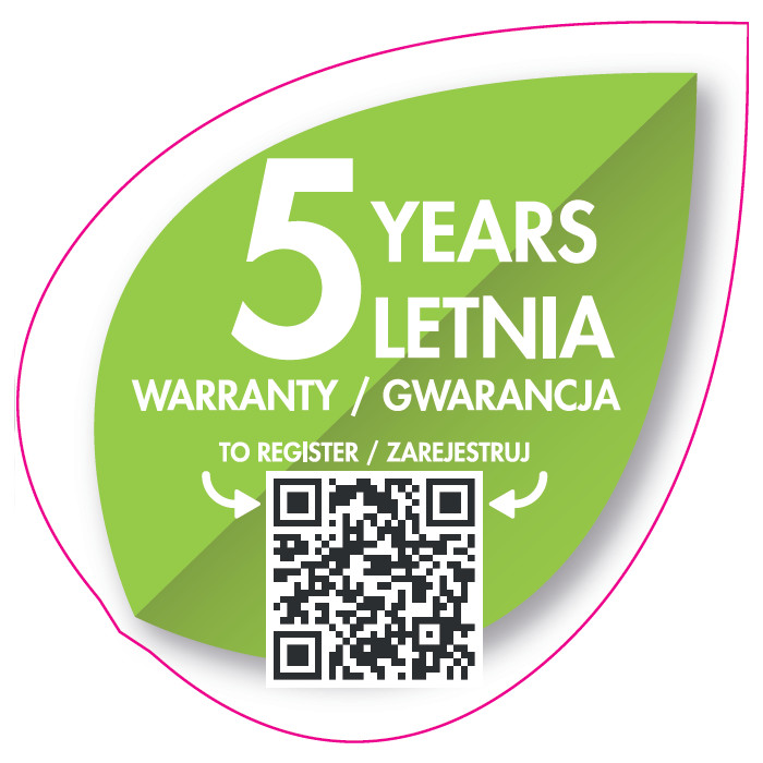 Zielona naklejka w kształcie liścia z białym tekstem: '5 LAT GWARANCJI' i kodem QR. Fioletowa obwódka.