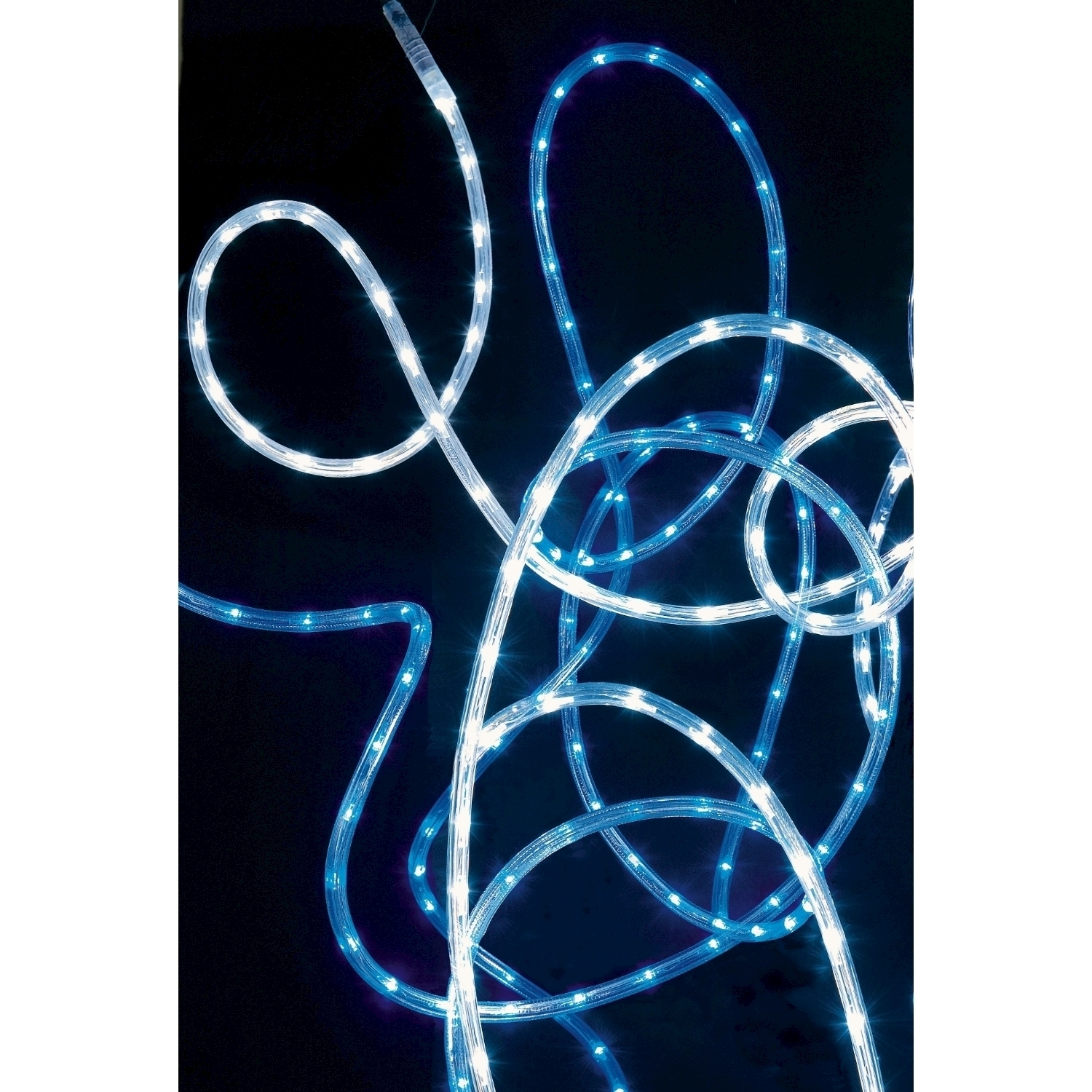 Luci a corda al neon blu e bianche, avvolte e disposte su sfondo nero.