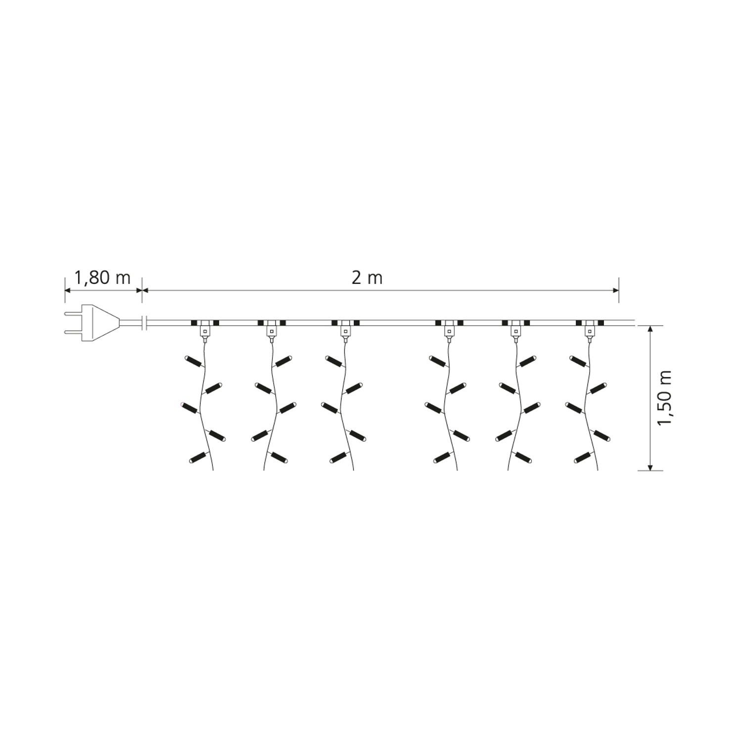Schema di luci sospese da 1,5 m con cavo da 2 m e spina.