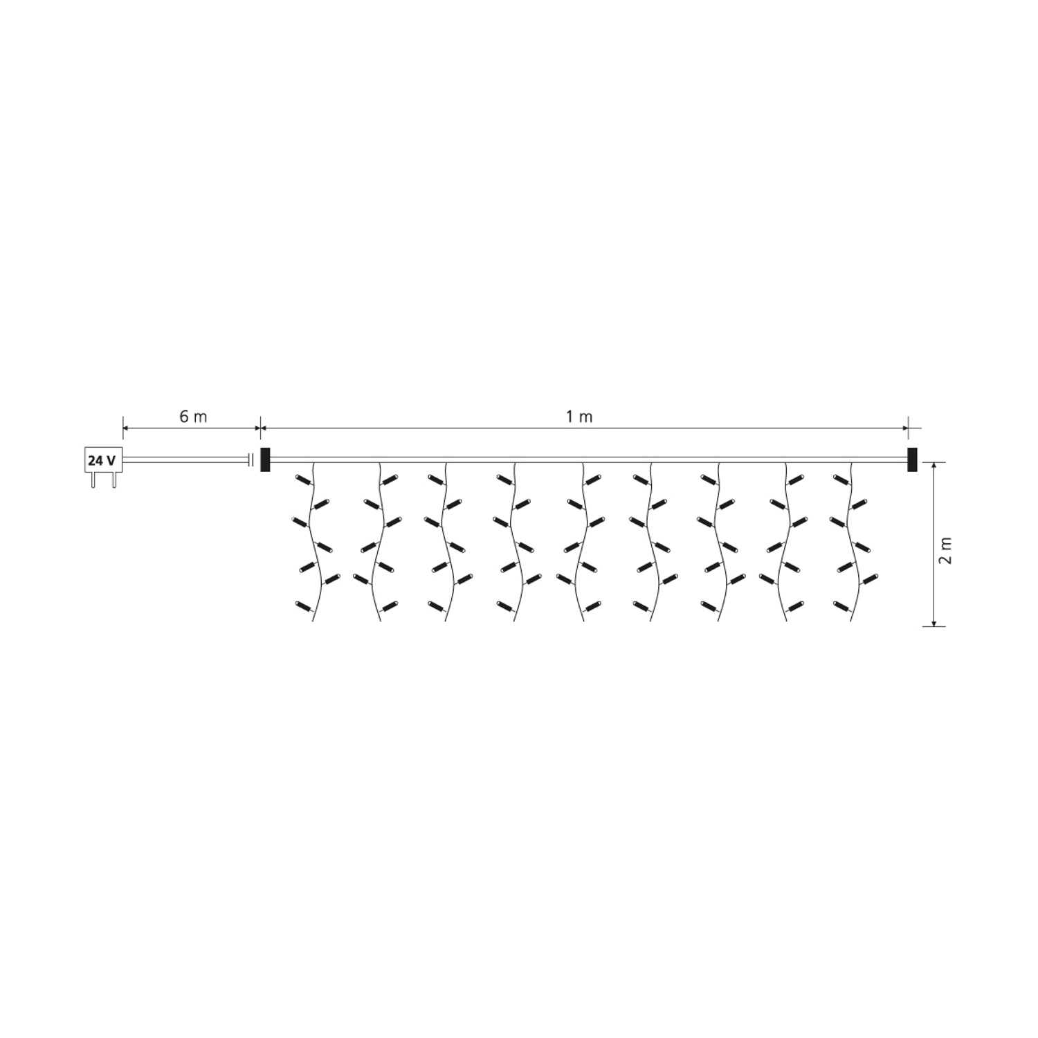 Un diagramma di una serie di luci a LED con misure, viene mostrato un alimentatore da 24 V.