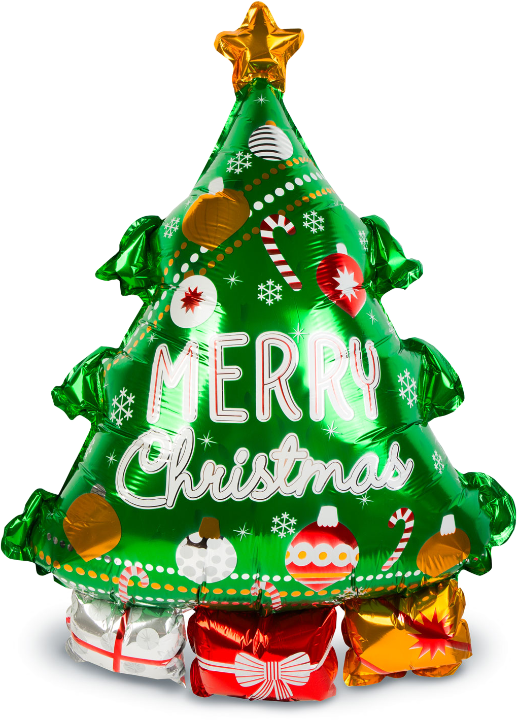 Egy zöld karácsonyfa alakú lufi, rajta a 'Merry Christmas' felirattal és díszekkel.