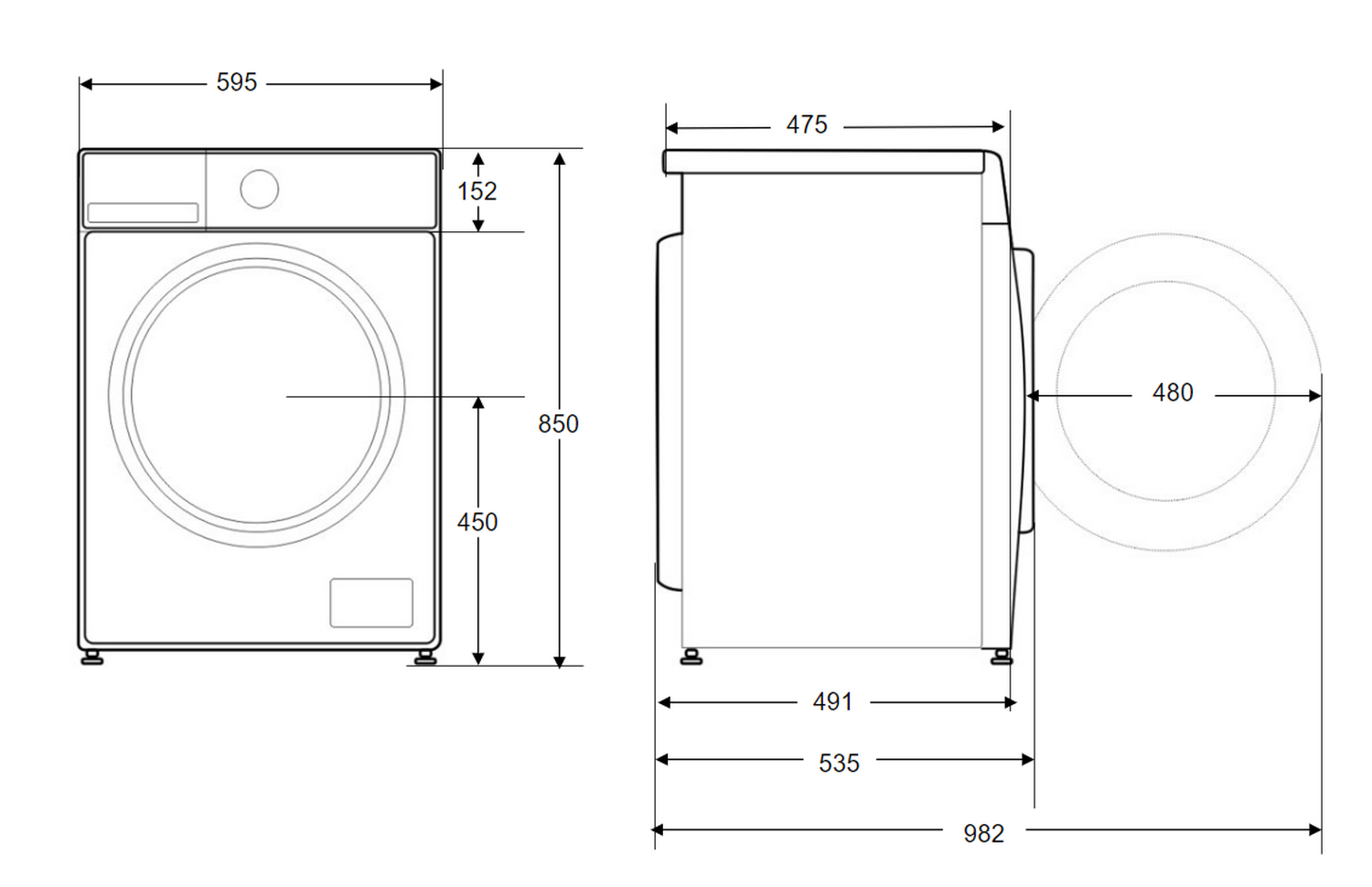 Diagrama de una lavadora, vistas frontal y lateral con dimensiones en mm. Fondo blanco.