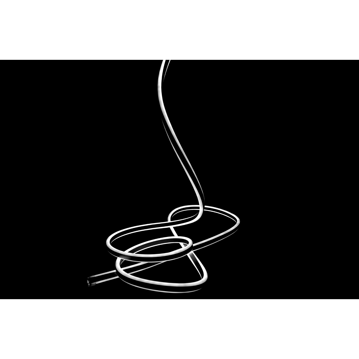 Una luce al neon bianca a forma di curva serpeggiante su uno sfondo nero.