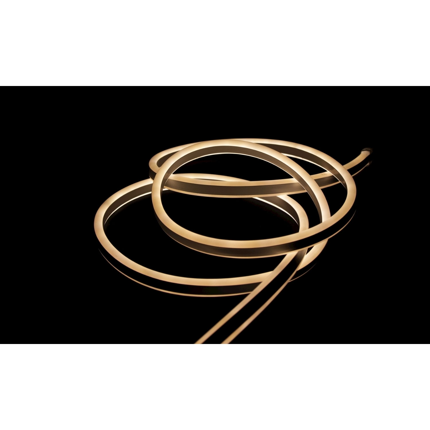 Una striscia luminosa a spirale, simile al neon, che brilla di bianco caldo su sfondo nero.