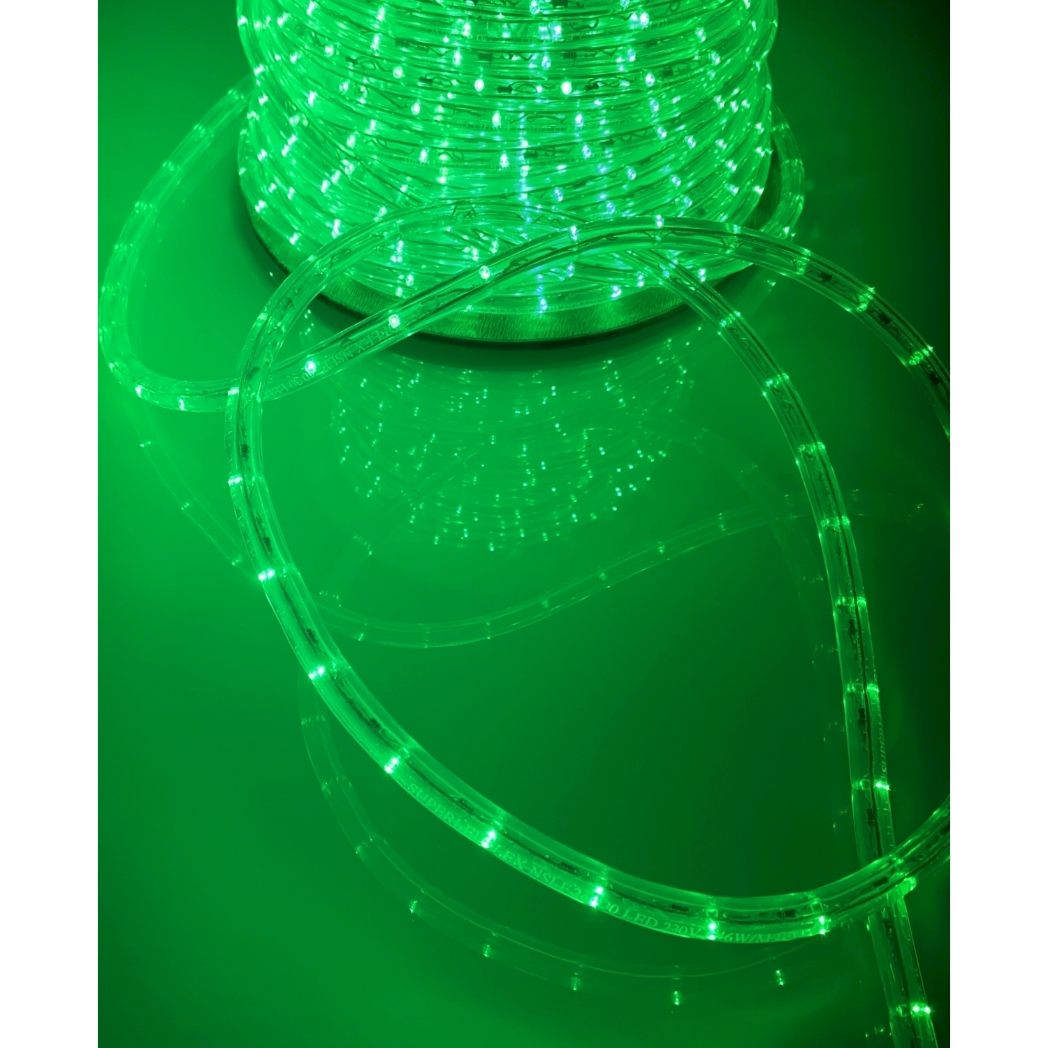 Luce a corda LED verde arrotolata, con una porzione srotolata, riflessa su superficie verde.