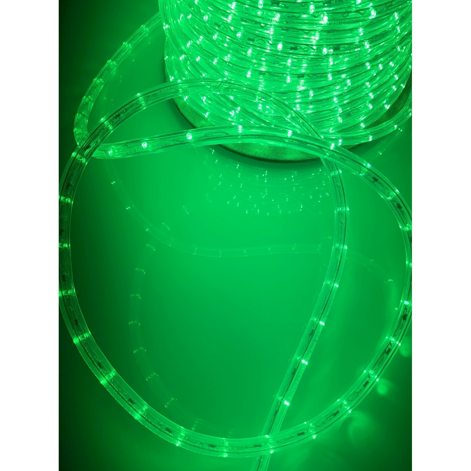 Luce a corda LED verde arrotolata. Lo sfondo è una superficie verde abbinata.
