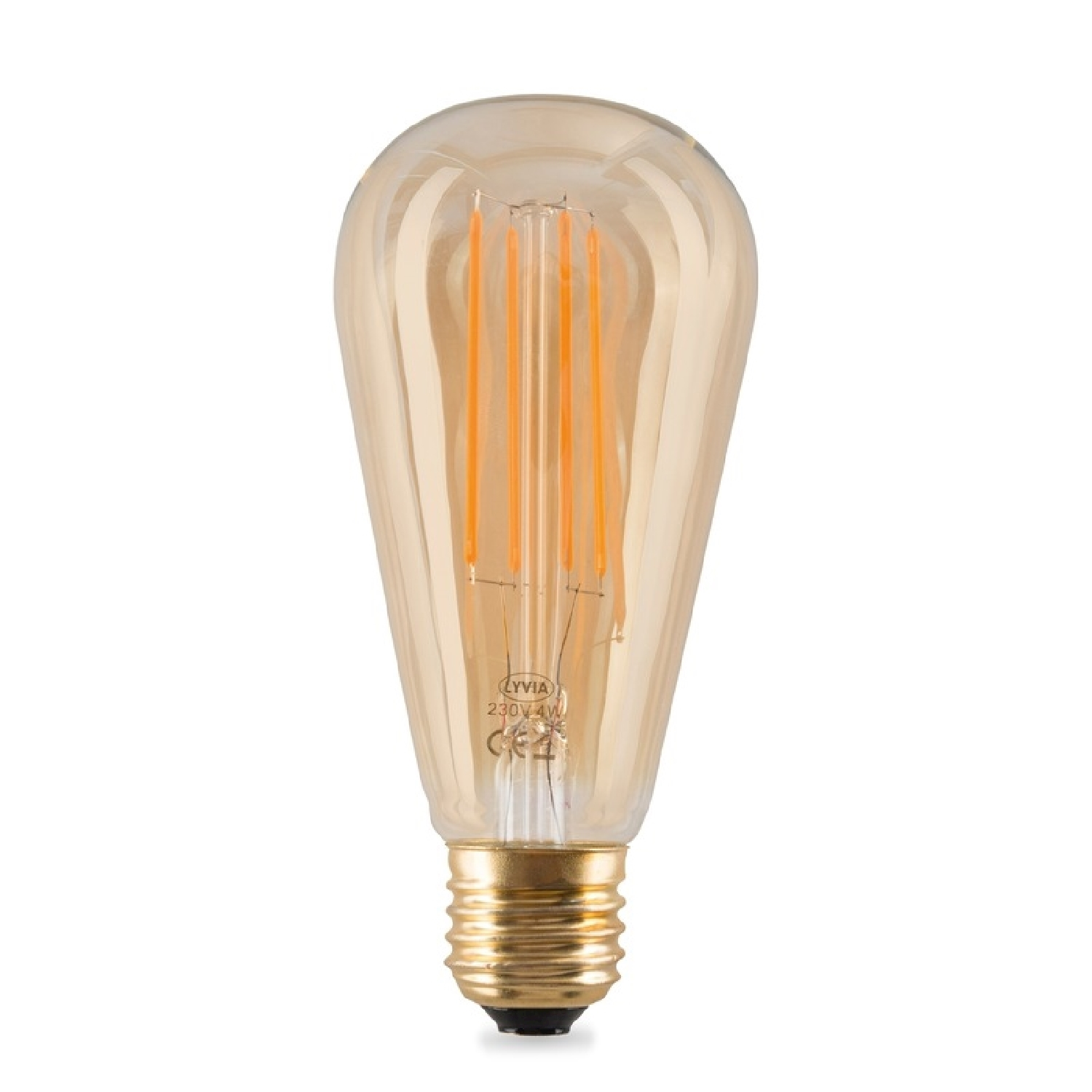 Lampadina a forma di goccia con base dorata e filamenti visibili.