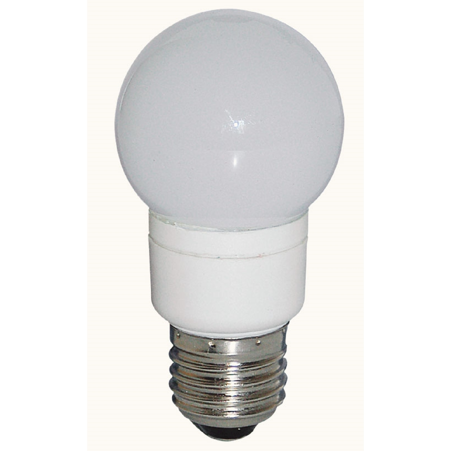 Lampadina LED rotonda bianca su base bianca e argentata.