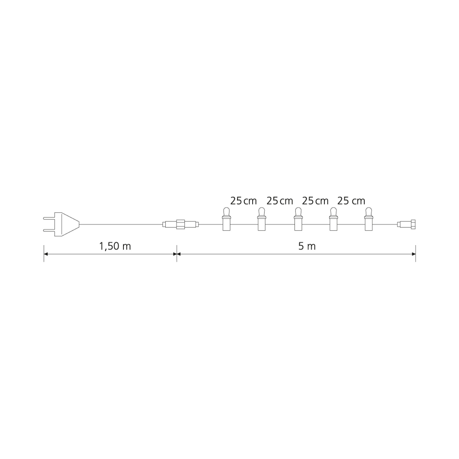 Schema di una stringa di luci con misure e una spina.
