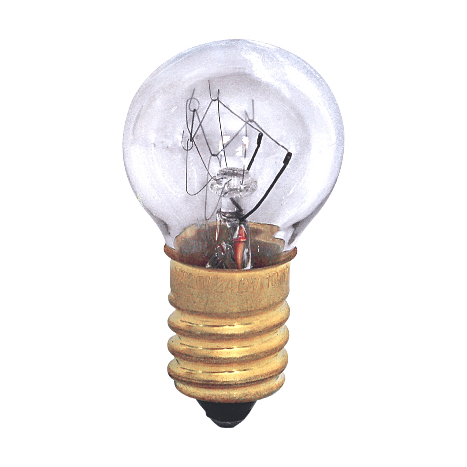 Lampadina con base in ottone e bulbo in vetro trasparente su sfondo bianco.