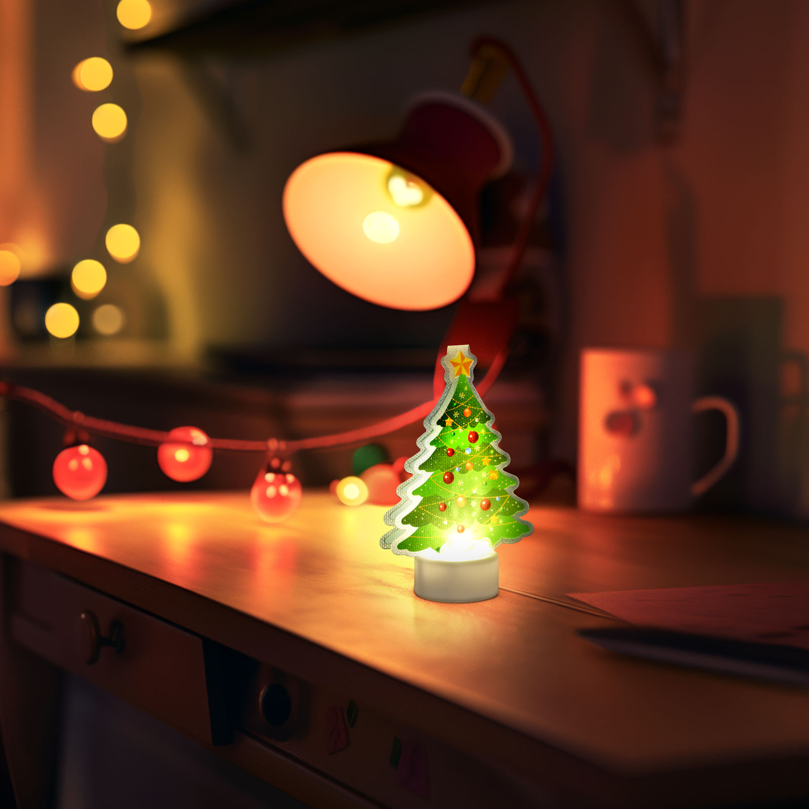 FAMILY CHRISTMAS LED-es dekoráció, karácsonyfa, elemes, melegfehér (58976C)