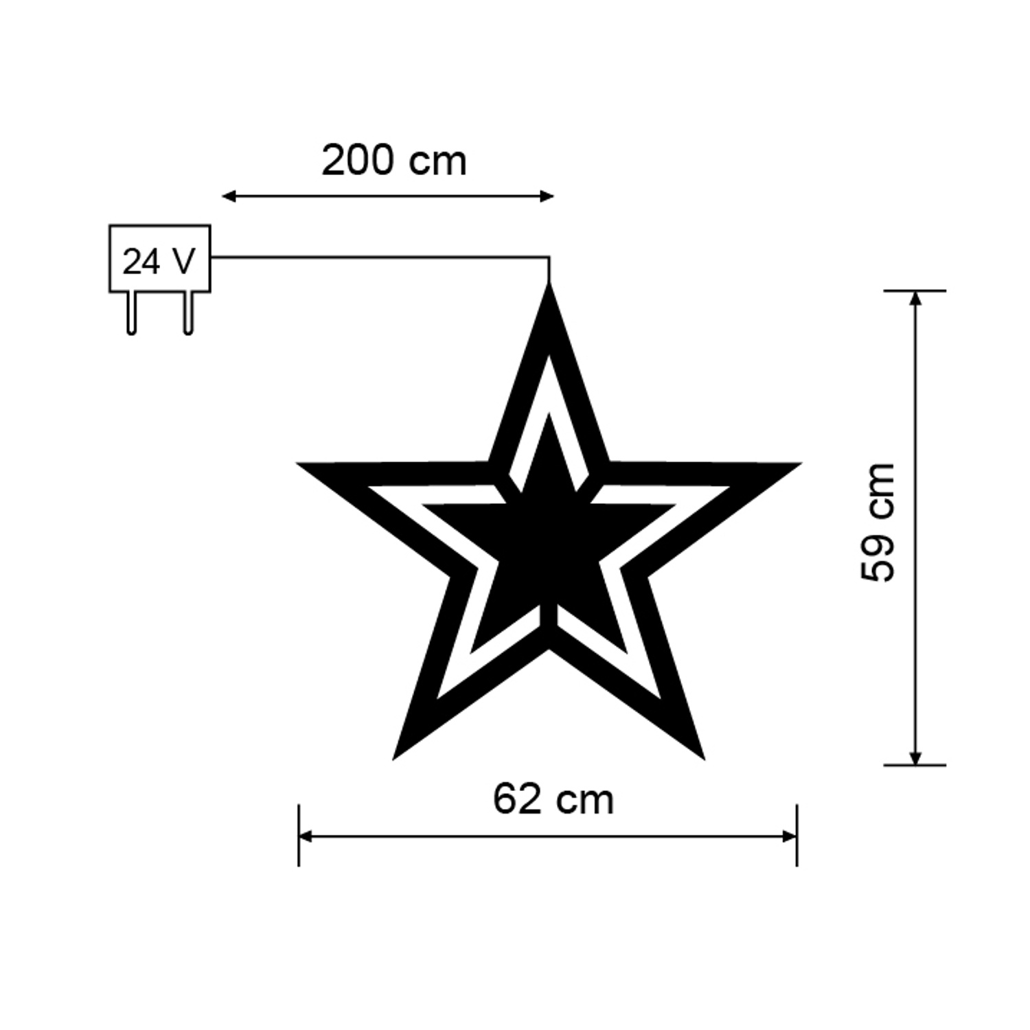 Lampada a forma di stella nera con dimensioni e cavo di alimentazione.