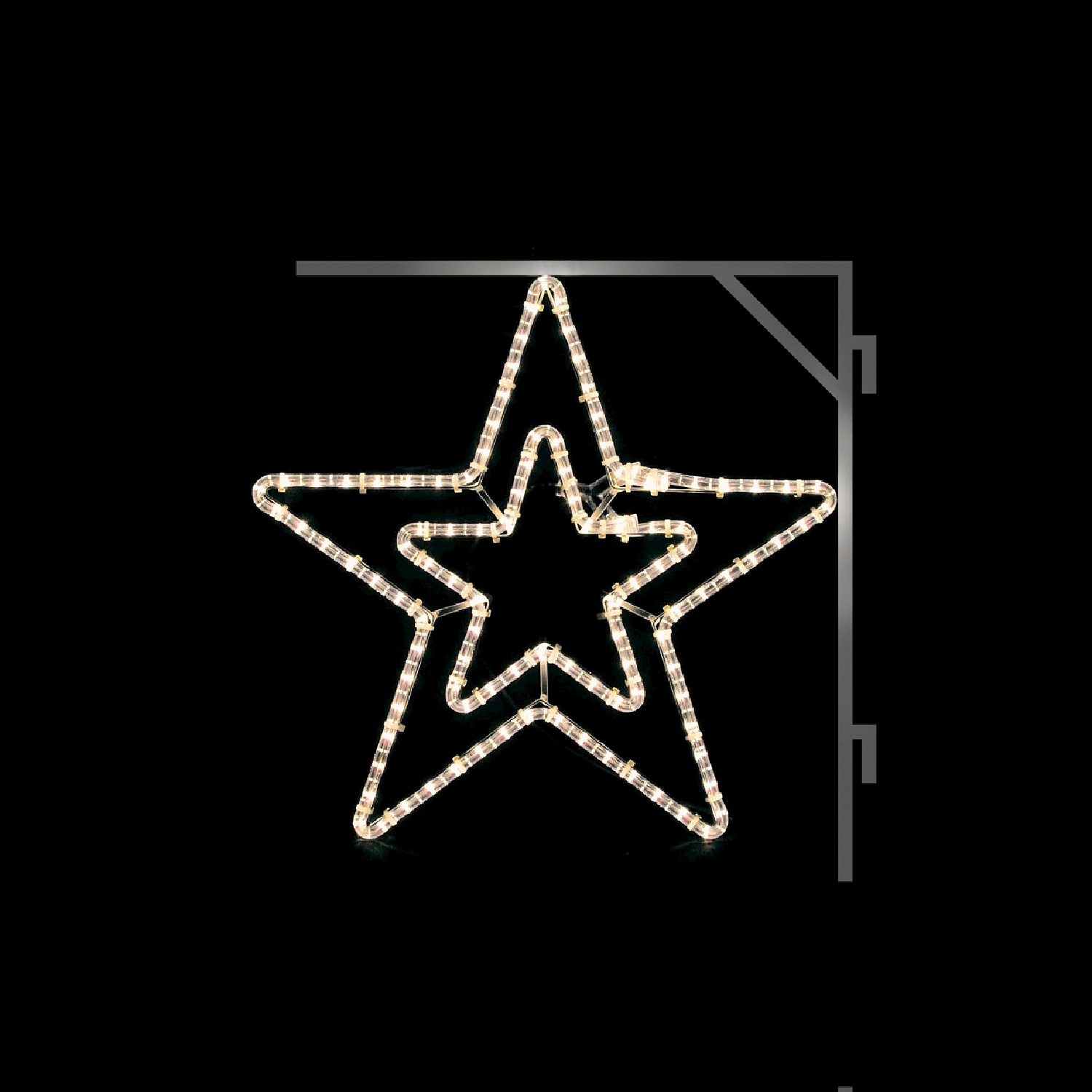 Decorazione natalizia a forma di stella. La stella ha due strati di luci bianche brillanti su sfondo nero.