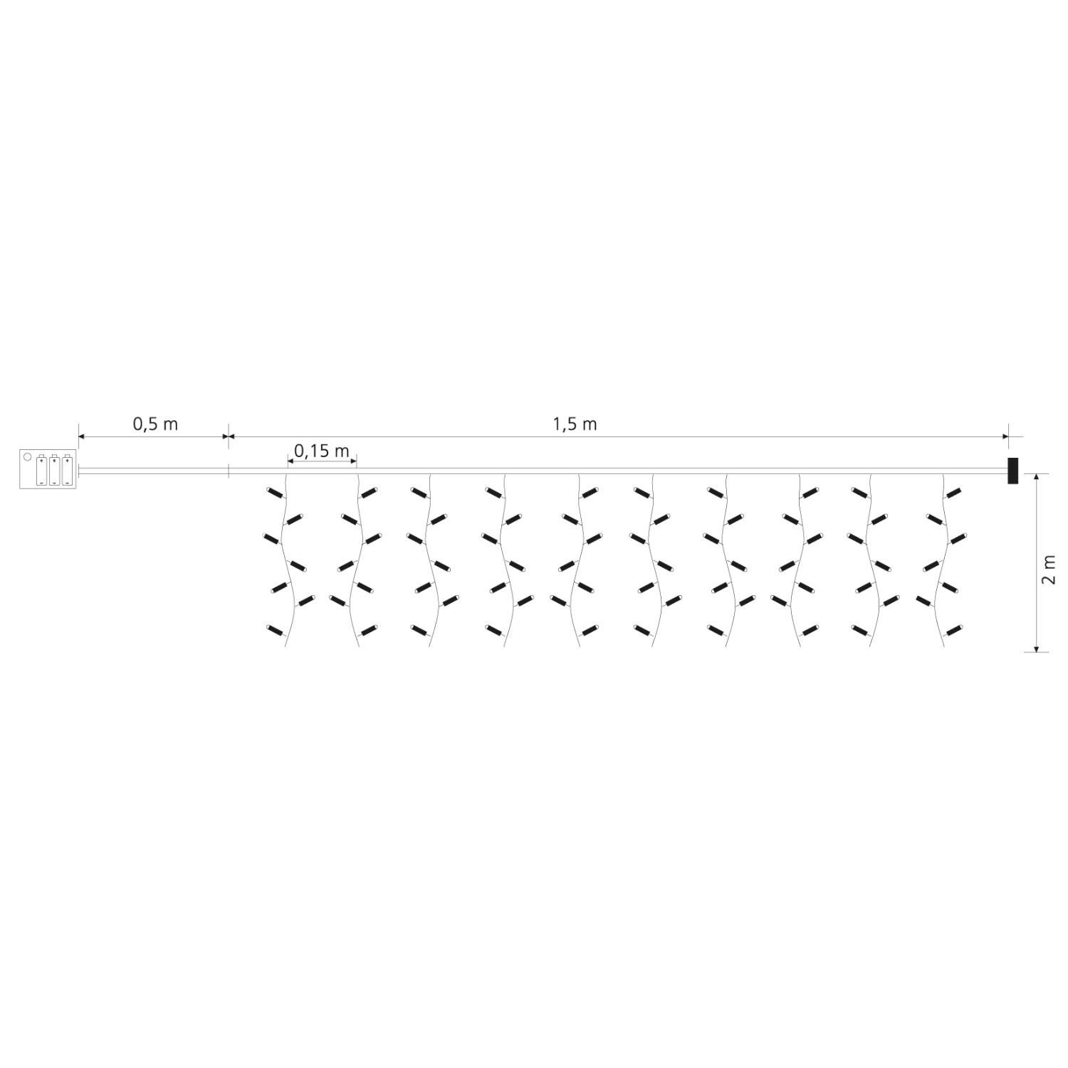 Diagramma di luci a catena con dimensioni. Spina e scatola piccola a sinistra.