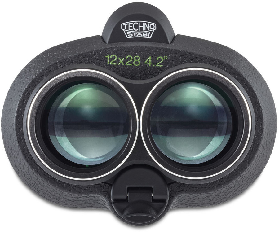 Czarna lornetka z zielonym tekstem. Techno Stabi jest na górze. Widoczne dwie soczewki.