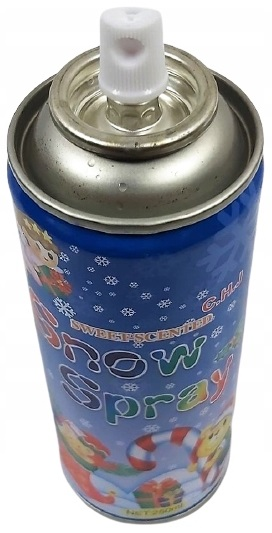 Puszka ze śniegiem w sprayu z niebieską etykietą, z postaciami z kreskówek i płatkami śniegu.