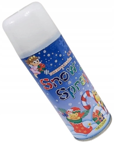 Puszka sprayu do śniegu, niebieska i biała etykieta. Widoczny tekst 'Snow Spray'.