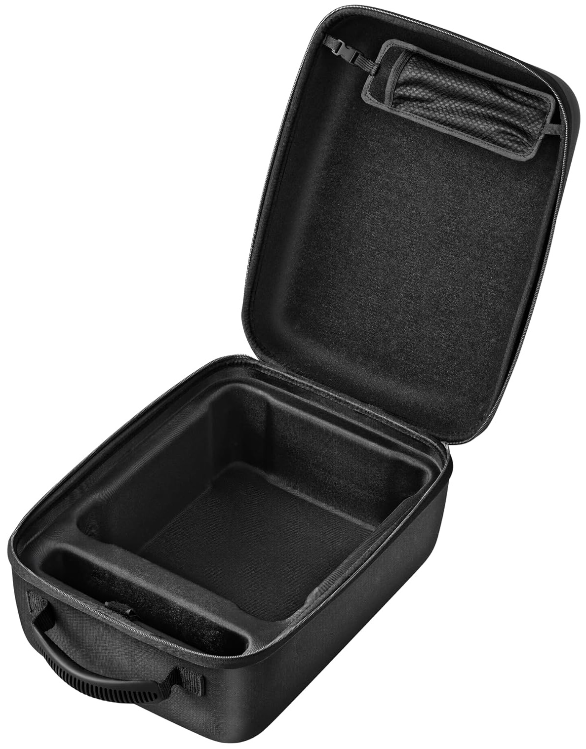 Otwarta czarna walizka z pustymi przegródkami i uchwytem.