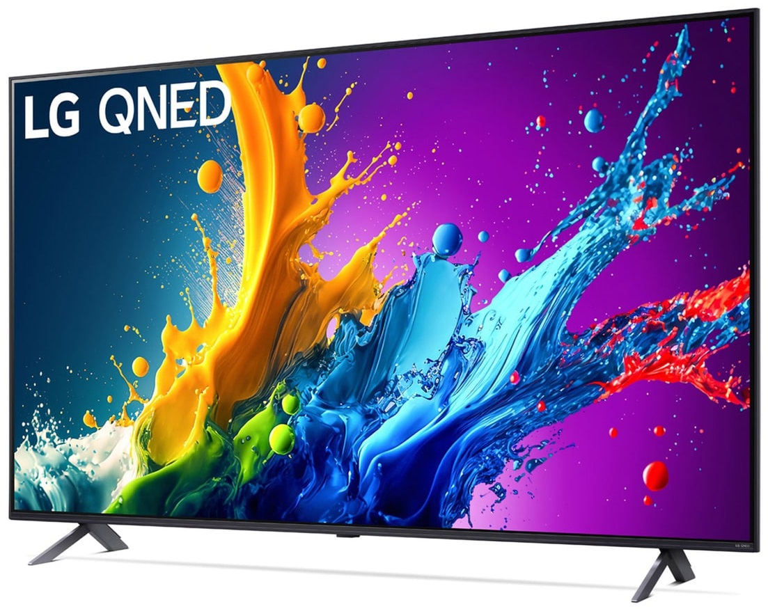 Telewizor LG QNED wyświetlający kolorową grafikę typu splash, czarne nogi.