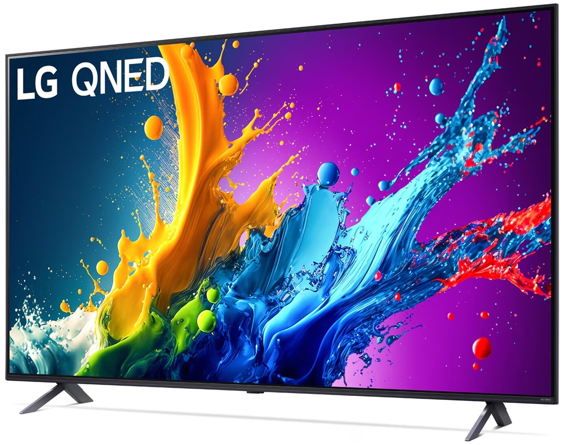 Telewizor LG QNED z kolorowym ekranem powitalnym. Ekran jest czarny, a podstawa srebrna.