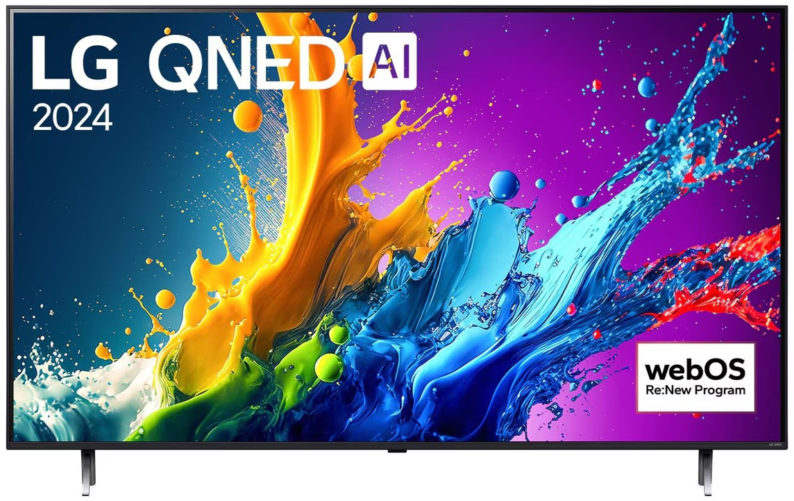 Duży telewizor z płaskim ekranem z kolorowym, abstrakcyjnym tłem. Z logo LG i QNED.