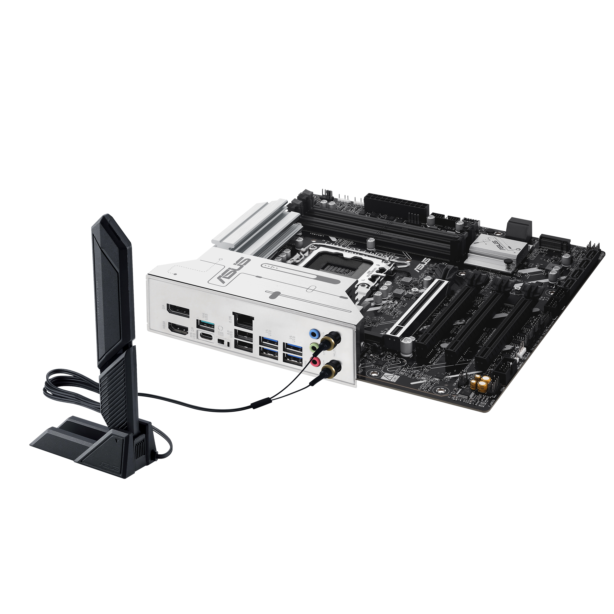 Motherboard mit Antenne. Schwarz-weiß-Farbschema. Mehrere Anschlüsse sichtbar.