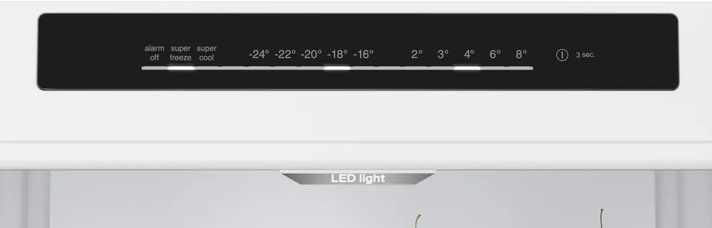 Panel sterowania lodówki pokazujący ustawienia temperatury i światło LED.
