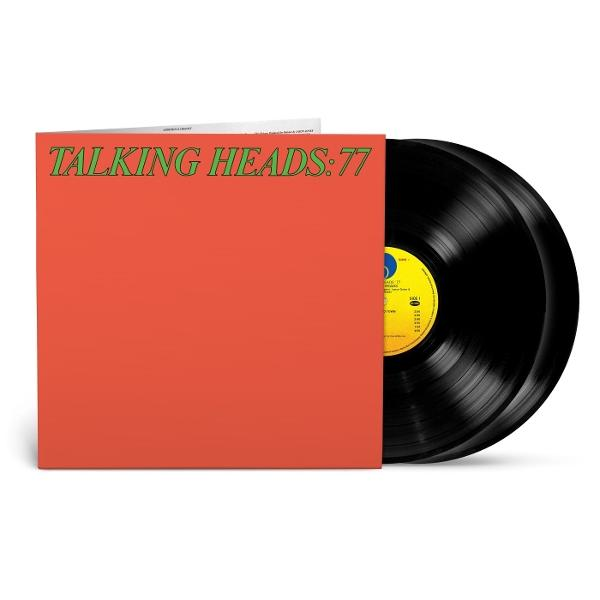 Pochette d'album pour 'Talking Heads: 77'. Couverture rouge avec texte vert et deux disques vinyles noirs.