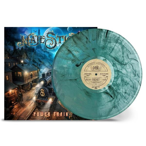 Albumcover mit einer Zugszene und einer teal-farbenen Vinyl-Schallplatte.