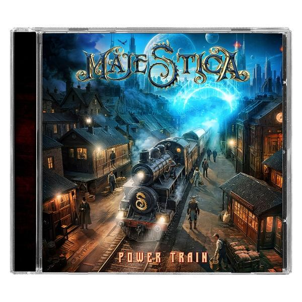 Ein CD-Cover mit einem Zug. Der Titel lautet 'Power Train' von Majestica.