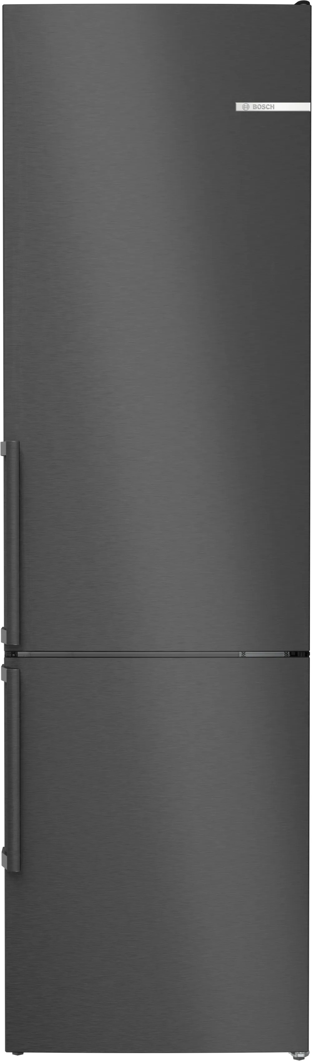 Czarna, ciemnoszara lodówka z dwoma drzwiami. Logo Bosch na górze.