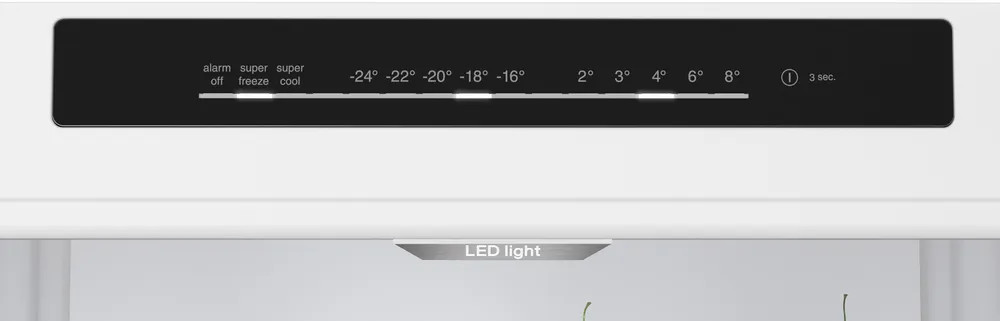 Zbliżenie panelu sterowania lodówki z ustawieniami temperatury i światłami.